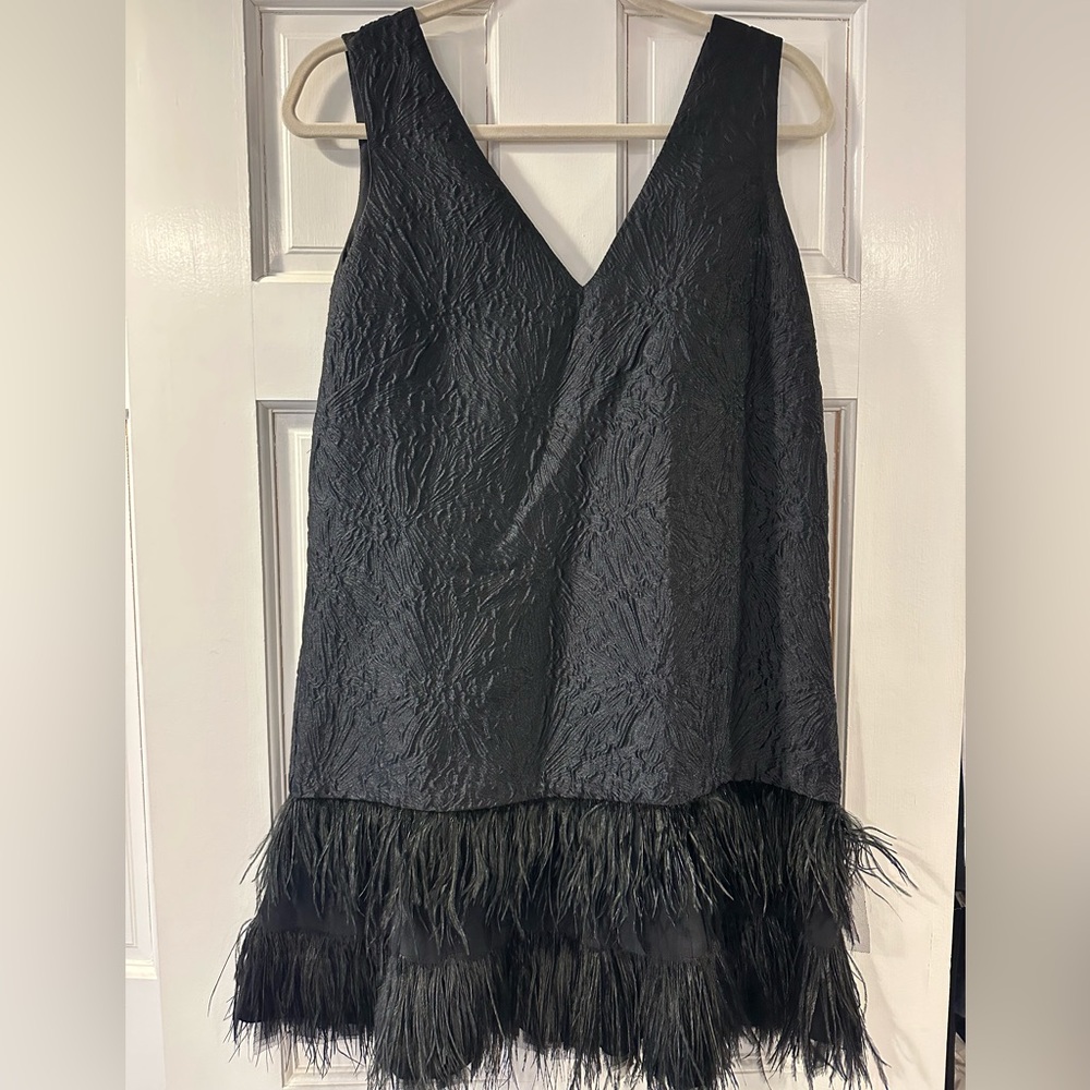 Black Textured V-Neck Dress with Feather Hem